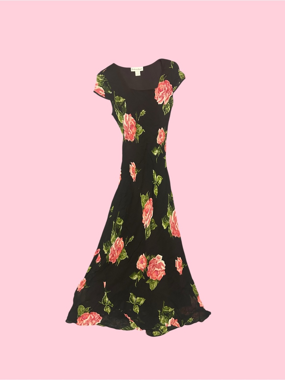 Stunning Black Maxi Dress with Beaded Pink Rose Print